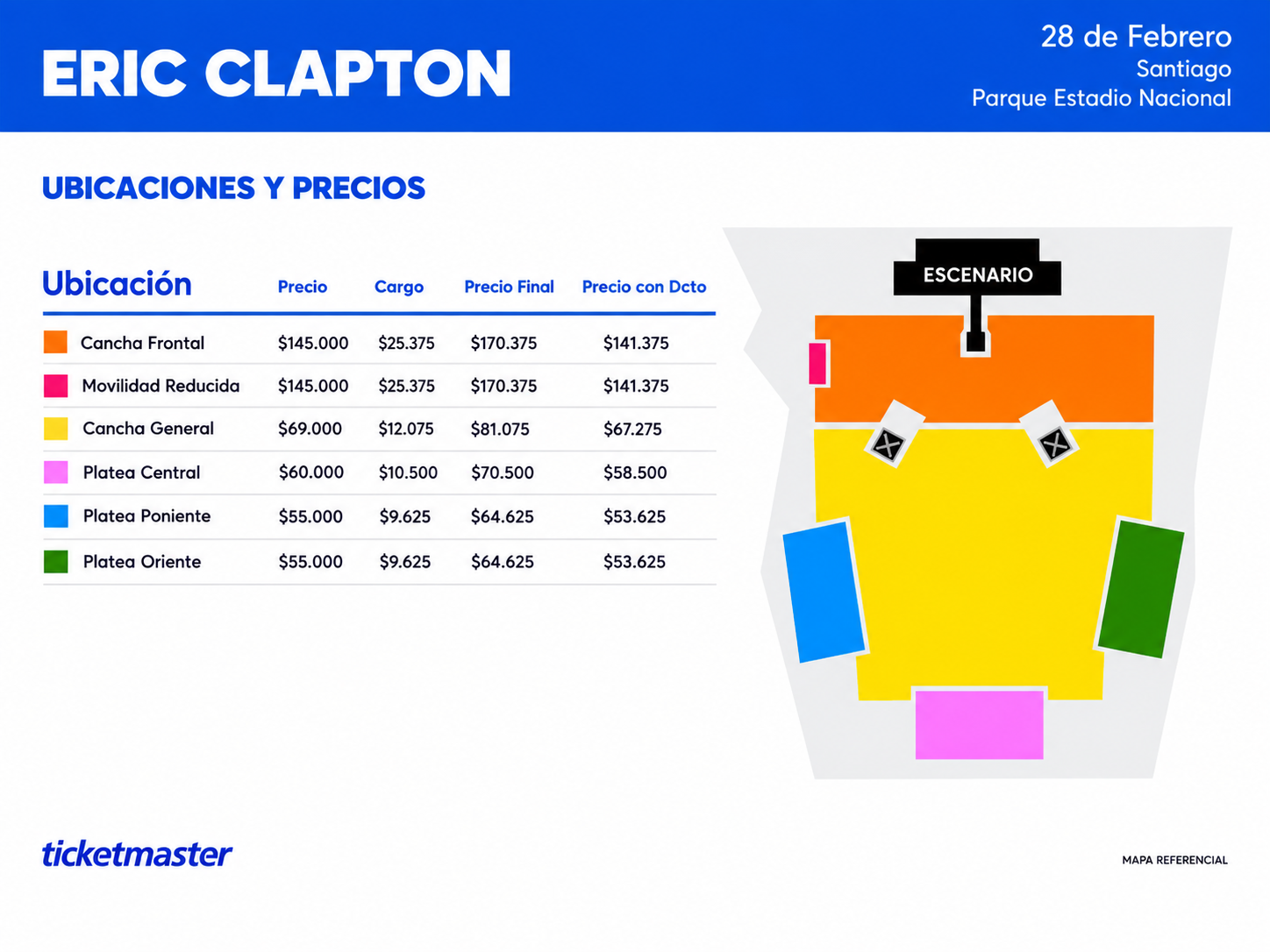 Mapa oficial de ubicaciones y precios Eric Clapton, 28 de febrero, Santiago, Parque Estadio Nacional